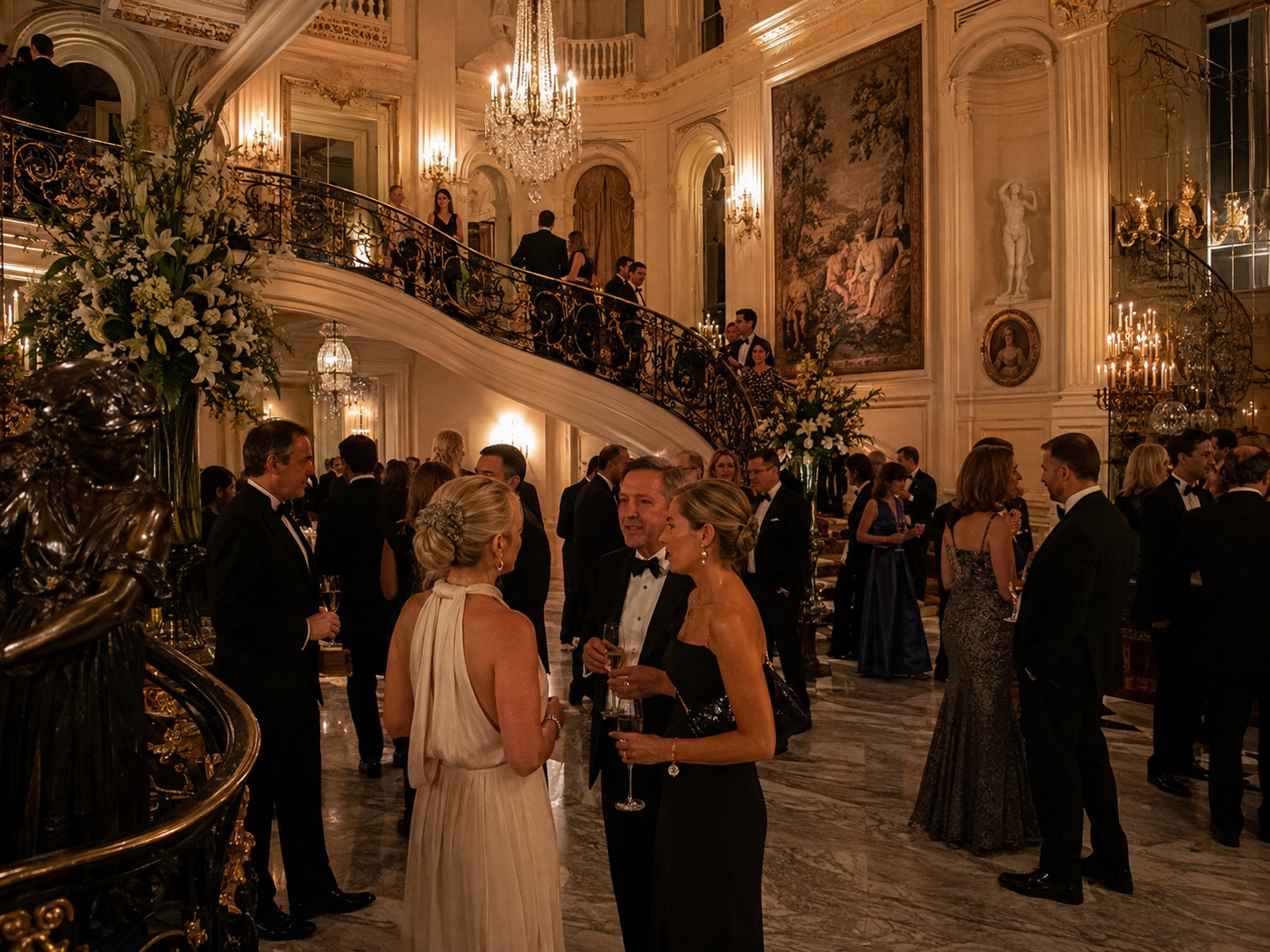 Guests in evening dress at an elegant black-tie social event in London