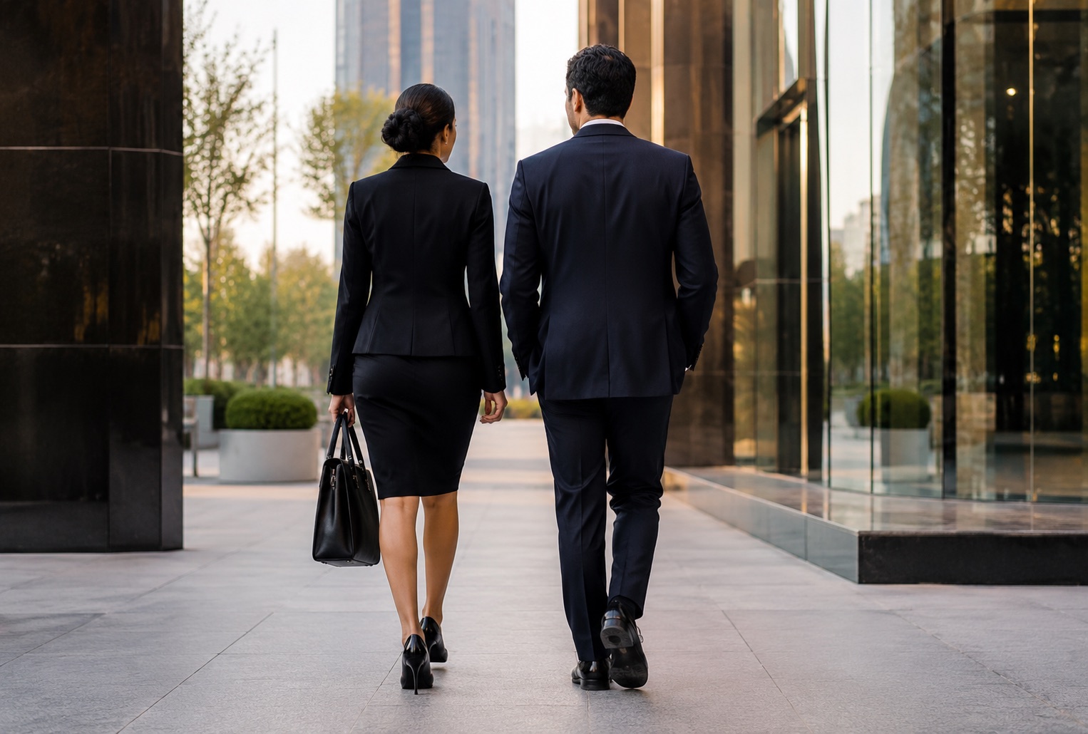 Business couple walking away outside a modern luxury office building.