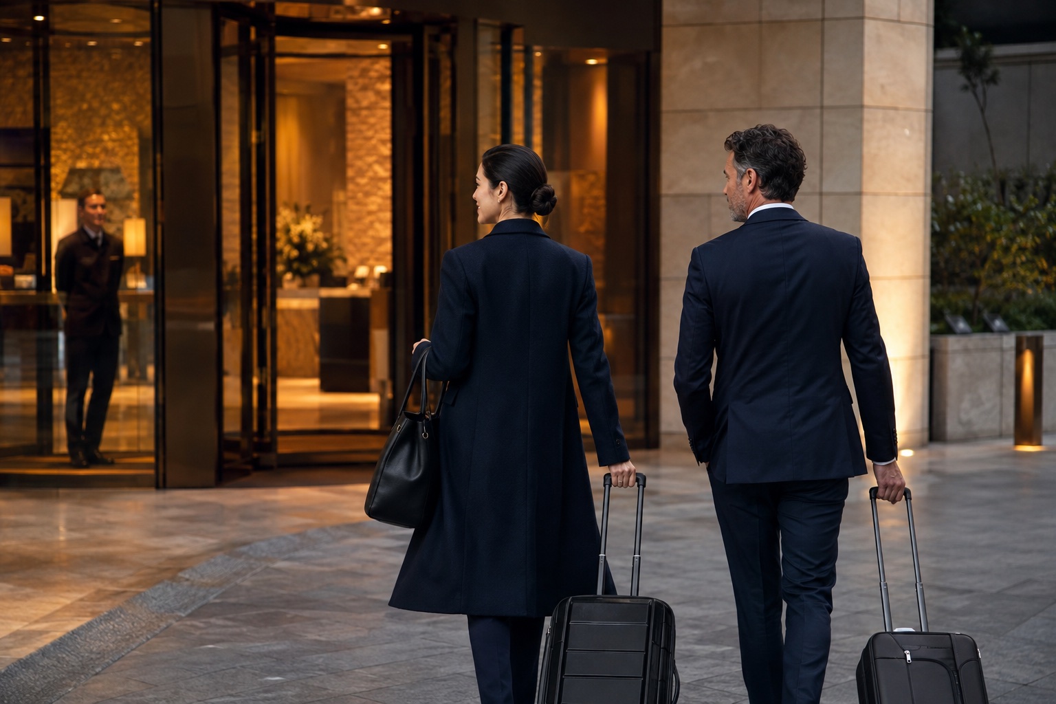 Woman and male companion arriving with luggage at an elegant hotel.