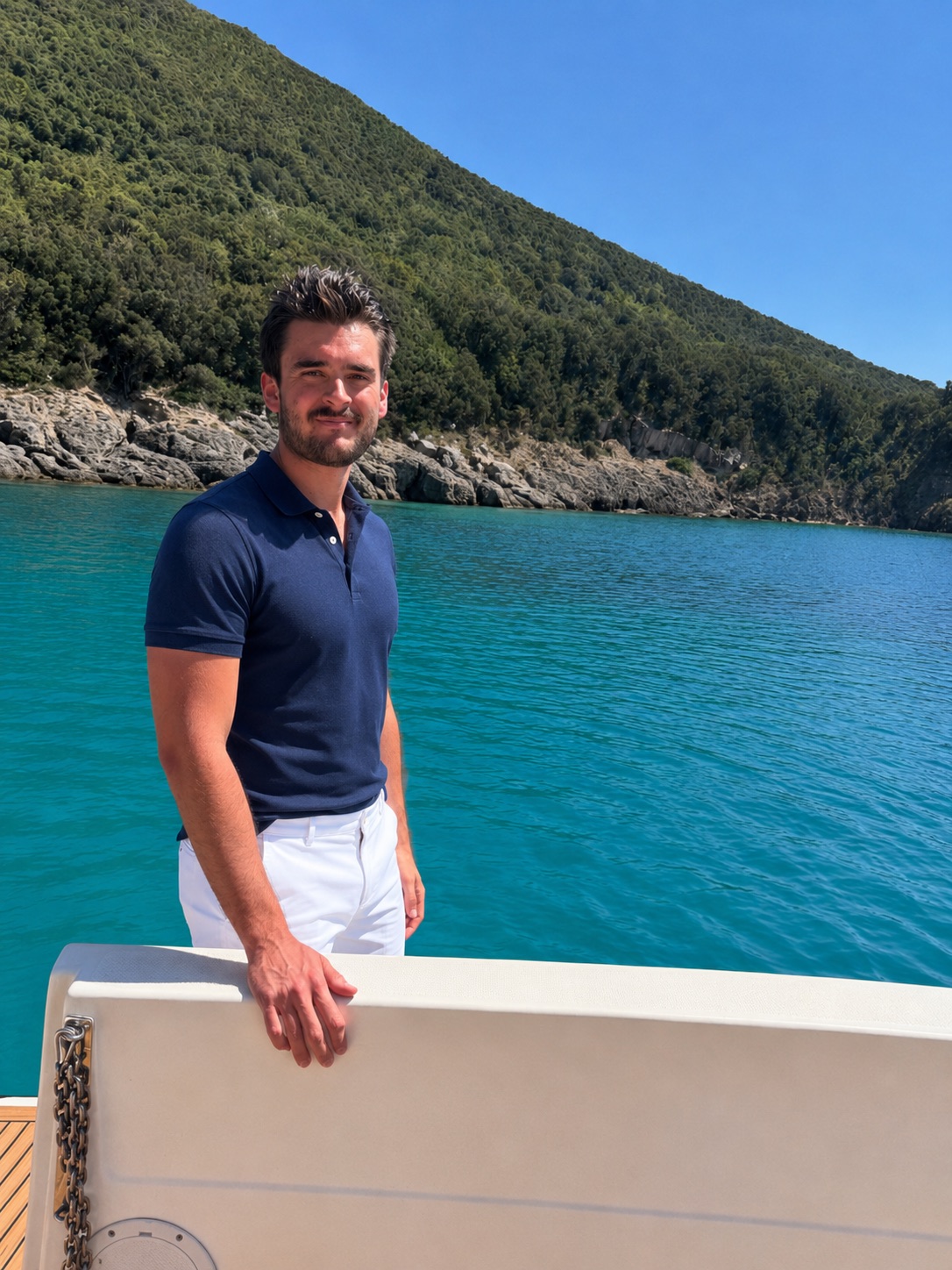 Man in navy polo shirt and white shorts standing on a boat beside turquoise sea and a green rocky coastline.