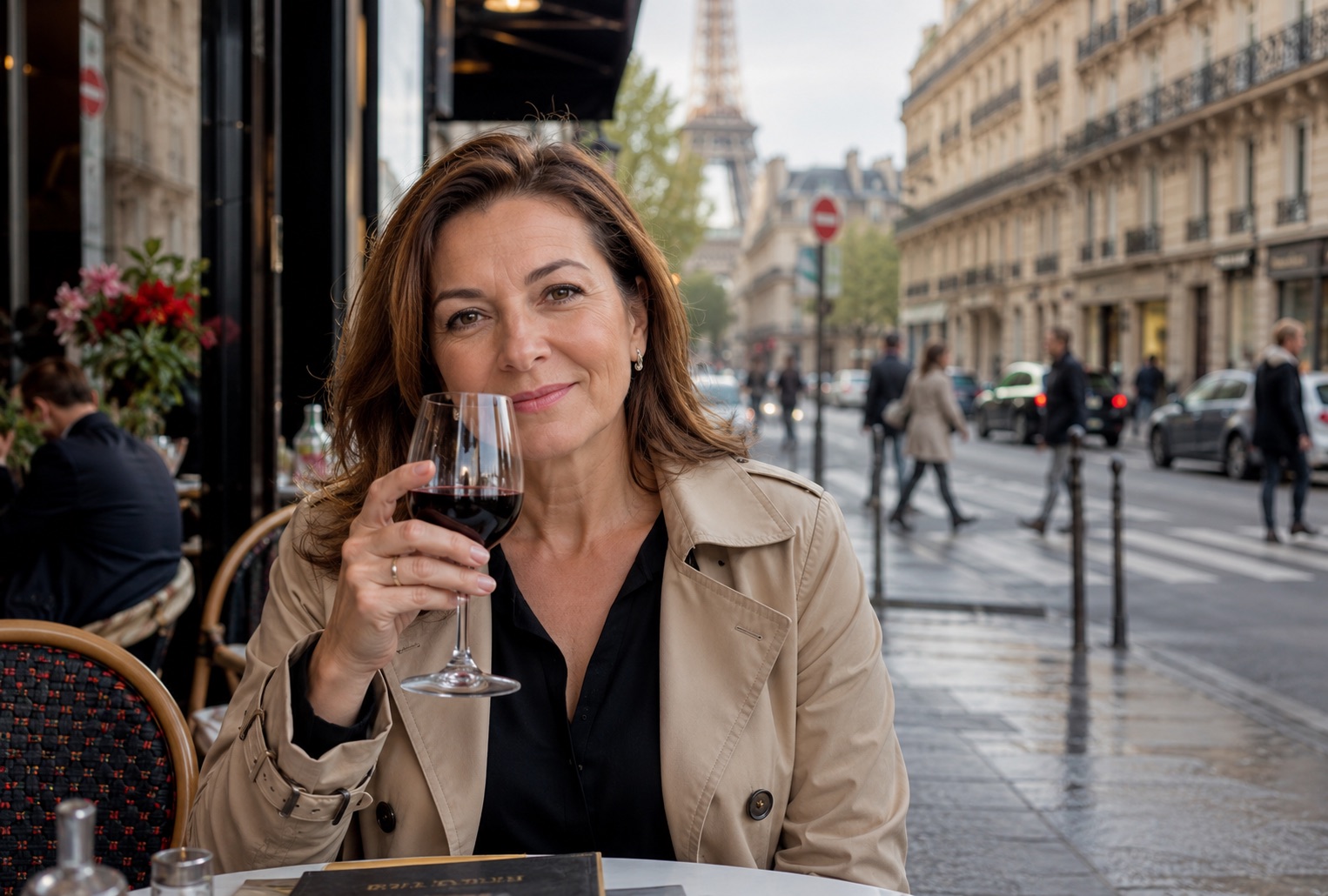 Elegant woman enjoying a glass of wine at a Paris café with the Eiffel Tower in the background.