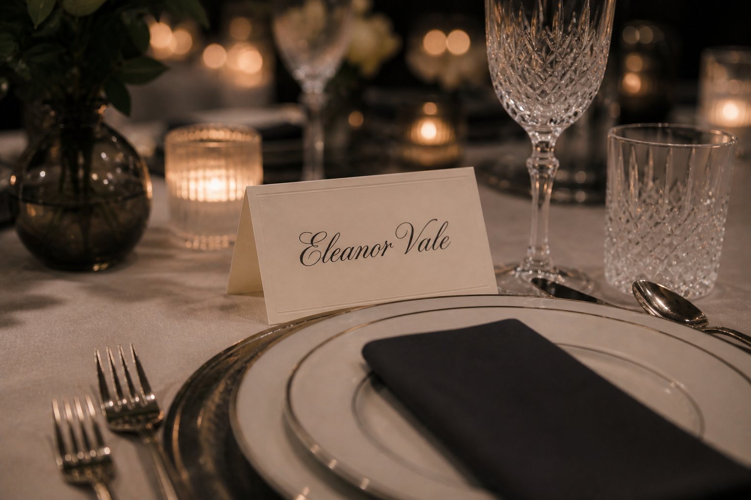 Formal dinner place setting with an Eleanor Vale name card, polished cutlery and crystal glassware.