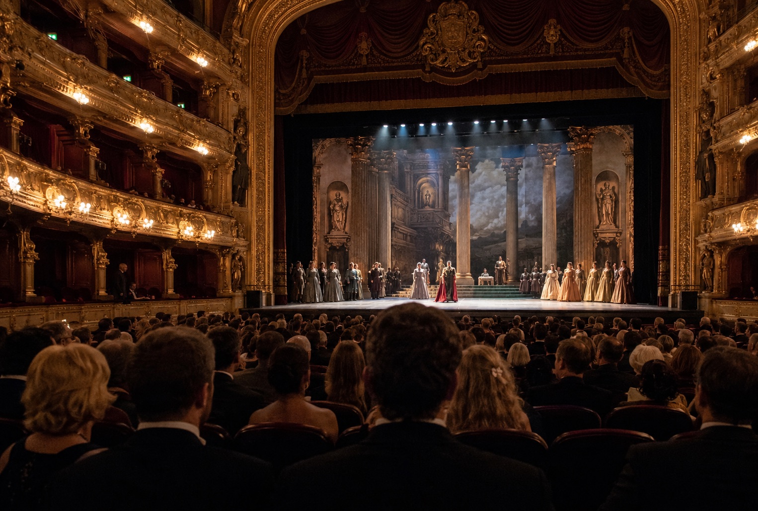 Audience watching a live opera performance in an ornate historic theatre.