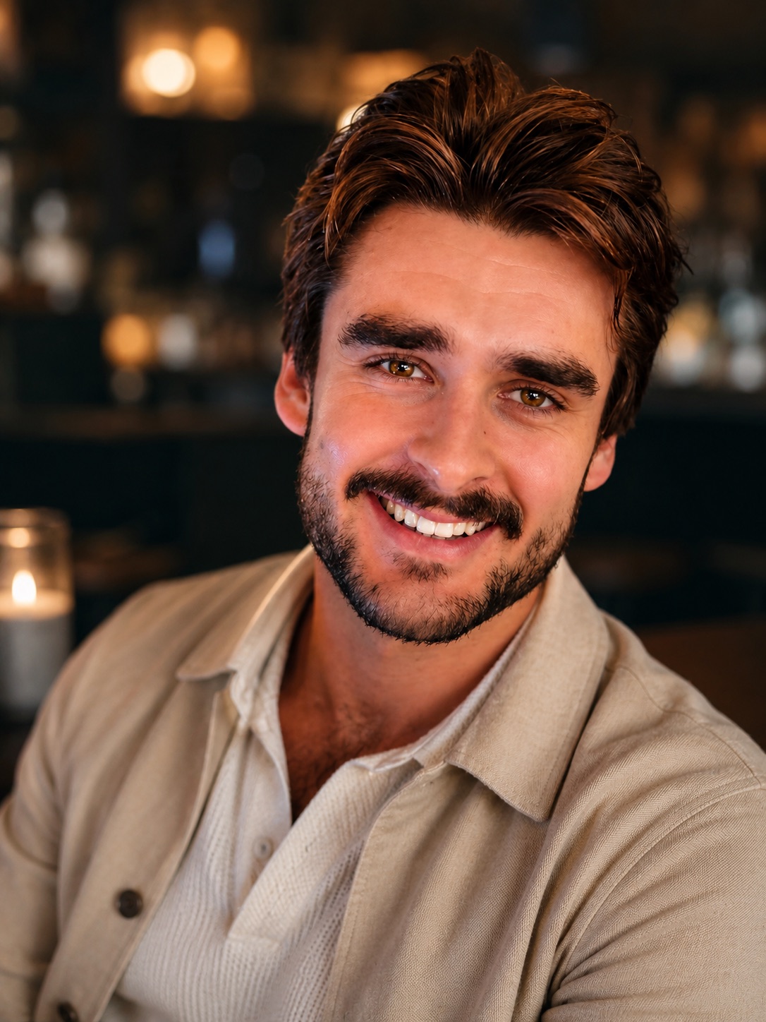 Smiling gentleman in a cream smart casual shirt in an elegant evening setting