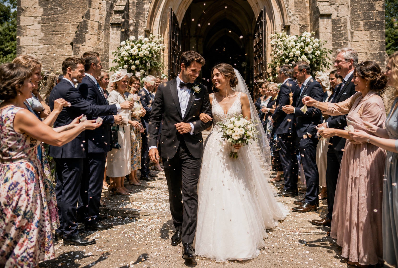 Bride and groom leaving a church on a sunny wedding day as guests throw confetti.