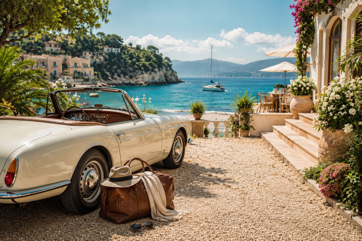 Luxury coastal weekend travel scene with a vintage convertible, leather luggage and turquoise sea.
